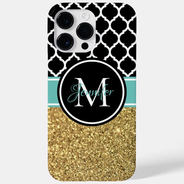 Gold Glitter Teal Black White Trellis Monogram Case-Mate iPhone Case (Back)