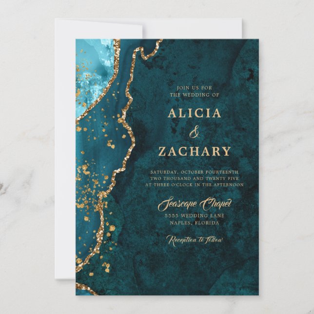 Gold Glitter Teal Blue Agate Wedding Invitation (Front)