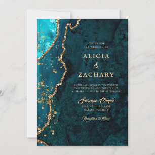 Gold Glitter Teal Blue Agate Wedding Invitation