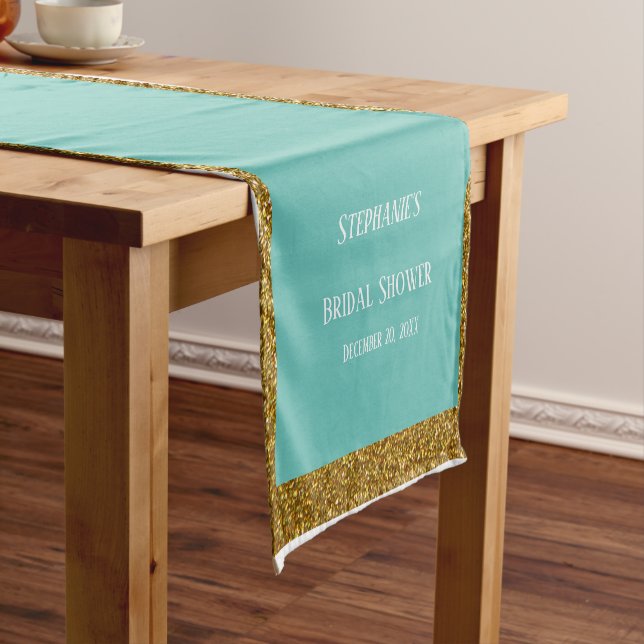 Gold Glitter Teal Blue Bridal Shower Wedding 2024 Short Table Runner (In Situ)