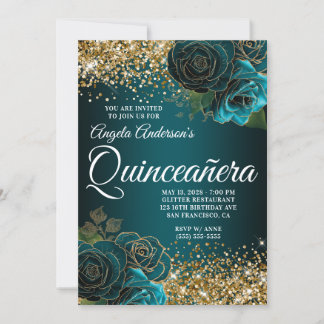 Gold Glitter Teal Blue Floral Glam Quinceañera Invitation