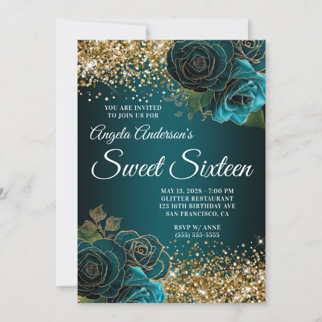 Gold Glitter Teal Blue Floral Glam Sweet Sixteen Invitation (Front)