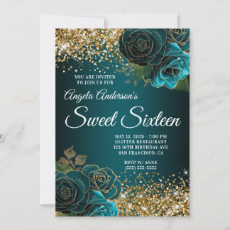 Gold Glitter Teal Blue Floral Glam Sweet Sixteen Invitation
