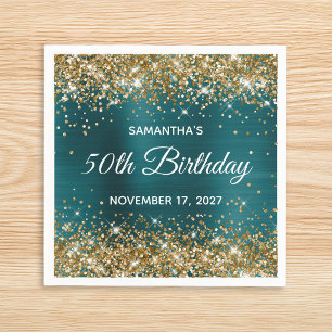Gold Glitter Teal Blue Foil 50th Birthday Napkin