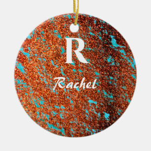 Gold Glitter Teal Blue Monogram Initial Name Cute Ceramic Tree Decoration