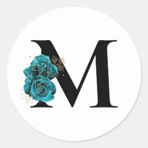 Gold Glitter Teal Floral Glam Monogram Classic Round Sticker