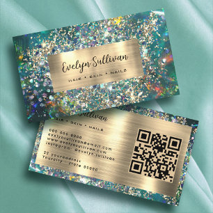 Gold glitter teal opal business card
