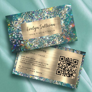 Gold glitter teal opal business card