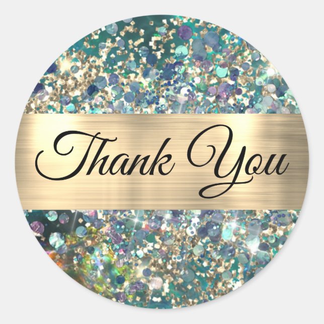 Gold glitter teal opal thank you sticker (Front)