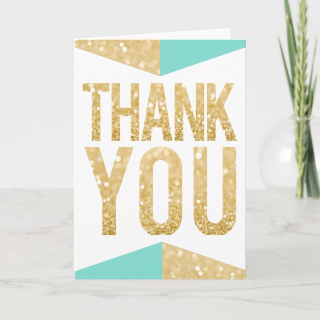Gold Glitter & Teal Wedding Thank You Card (Front)