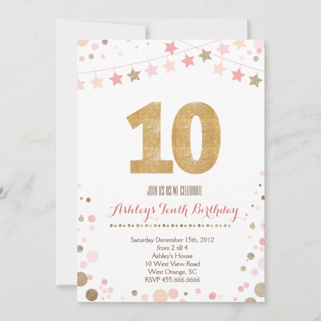 Gold Glitter Tenth Birthday Invitation (Front)