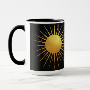 Gold glitter texture Sun on black Mug
