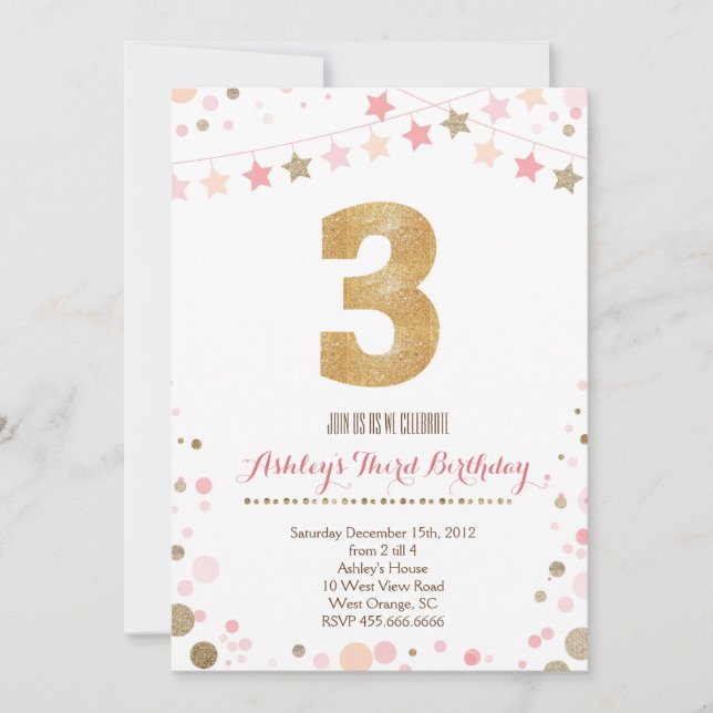 Gold Glitter Third Birthday Invitation (Front)