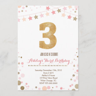 Gold Glitter Third Birthday Invitation