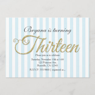 Gold Glitter THIRTEEN 13 Blue Party Invitations