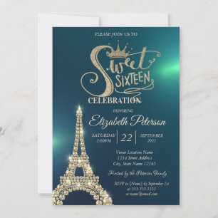 Gold Glitter Tiara, Diamonds Eiffel Tower Green Invitation