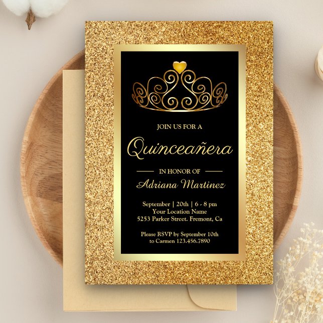 Gold Glitter Tiara Princess Black Quinceanera Invitation (Creator Uploaded)