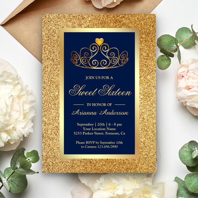 Gold Glitter Tiara Princess Blue Sweet Sixteen Invitation (Creator Uploaded)