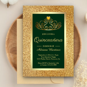 Gold Glitter Tiara Princess Green Quinceanera Invitation