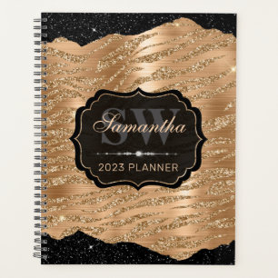 Gold Glitter Tiger Stripes & Black Edges Monogram Planner