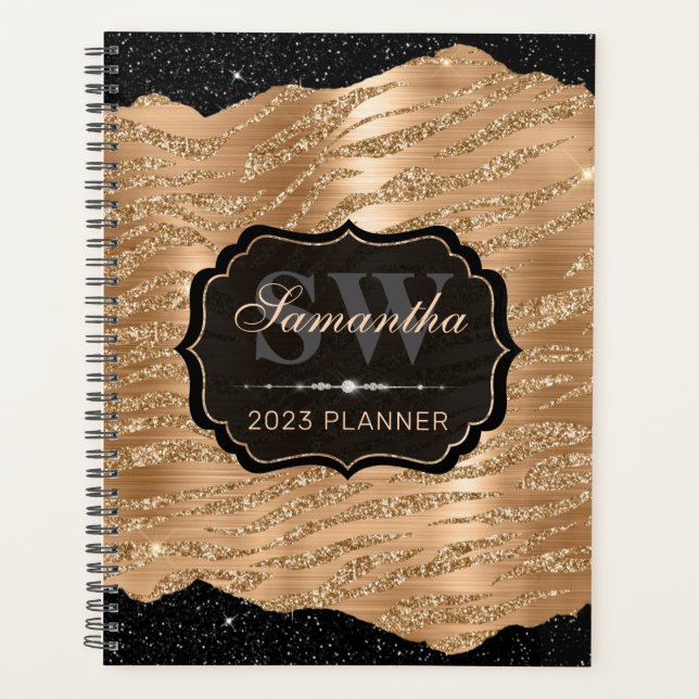 Gold Glitter Tiger Stripes & Black Edges Monogram Planner (Front)