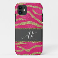 Gold Glitter Tiger Stripes & Initials on Hot Pink