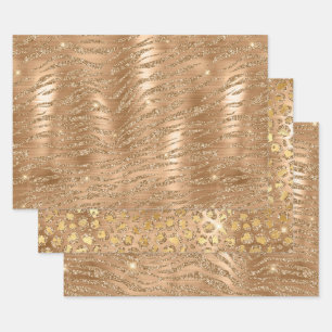 Gold Glitter Tiger & Zebra Stripes & Leopard Spots Wrapping Paper Sheet