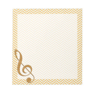 Gold Glitter Treble Clef on Yellow Chevron Notepad