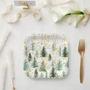 Gold Glitter Trees Christmas Paper Plate