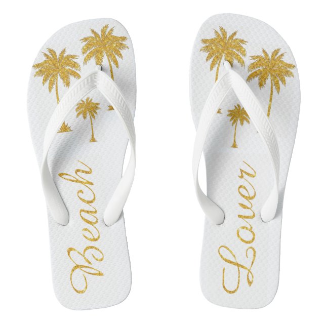 Gold Glitter Tropical Beach Lover White Flip Flops (Footbed)