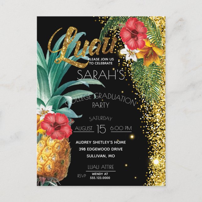 Gold Glitter Tropical Flowers Graduation Party Postcard (Front)