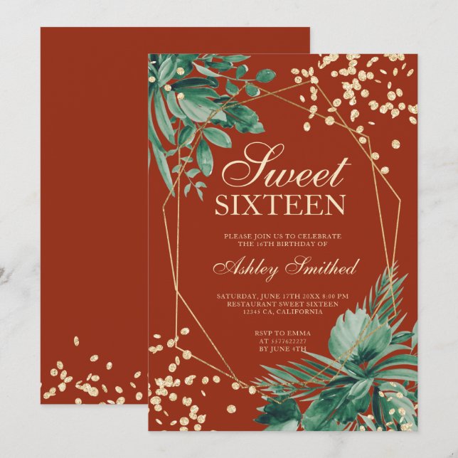 Gold glitter tropical watercolor brown Sweet 16 Invitation (Front/Back)