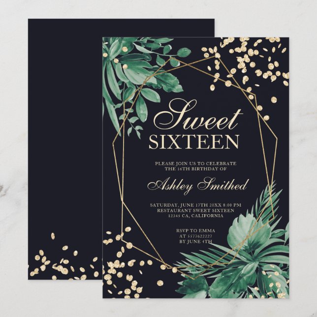 Gold glitter tropical watercolor navy Sweet 16 Invitation (Front/Back)