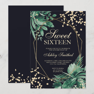 Gold glitter tropical watercolor navy Sweet 16 Invitation