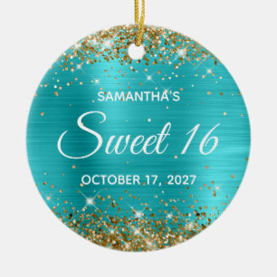 Gold Glitter Turquoise Blue Foil Sweet 16 Ceramic Tree Decoration