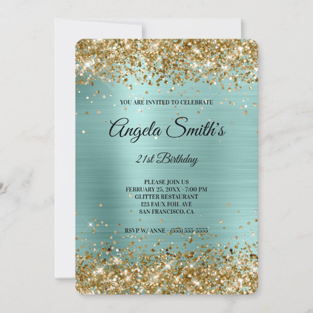 Gold Glitter Turquoise Foil Fancy Monogram Invitation (Front)