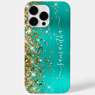 Gold Glitter Turquoise Glam Modern Girly Signature Case-Mate iPhone 14 Pro Max Case
