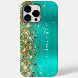 Gold Glitter Turquoise Glam Modern Girly Signature iPhone 14 Pro Max Case
