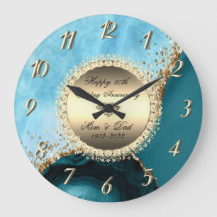 Gold Glitter Turquoise Marble 50th Wedding  Large Clock
