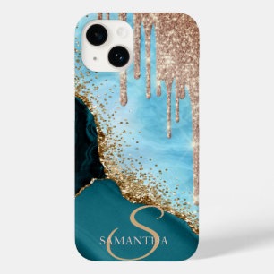  Gold Glitter Turquoise Marble Glitter Drips Case-Mate iPhone 14 Case
