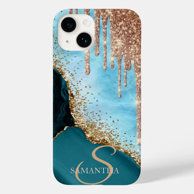   Gold Glitter Turquoise Marble Glitter Drips Case-Mate iPhone Case (Back)