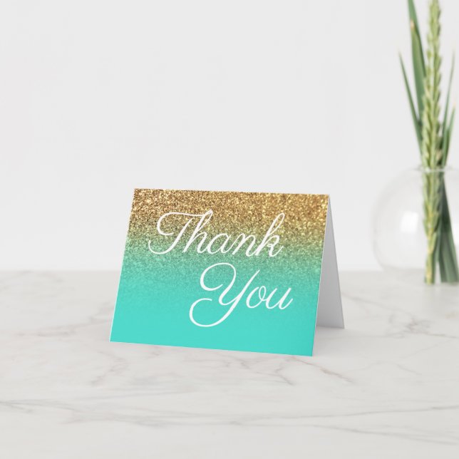 Gold Glitter Turquoise Ombre Elegant Calligraphy Thank You Card (Front)