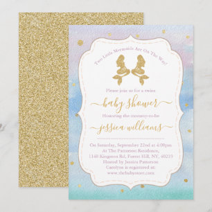 Gold Glitter Twin Mermaids Baby Shower Invitation