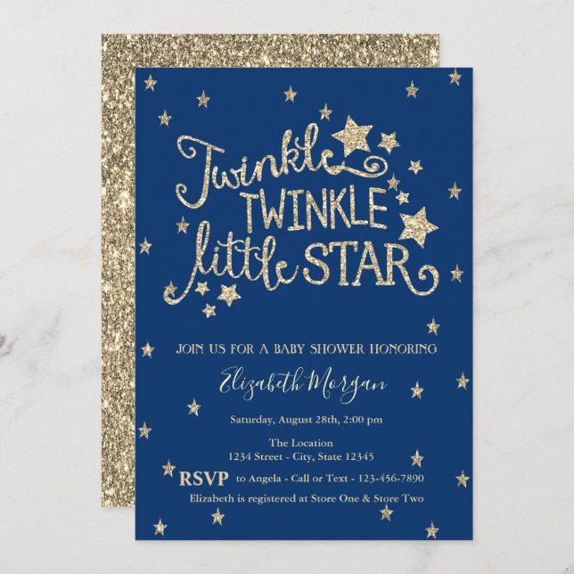 Gold Glitter Twinkle Little Star Baby Shower Invitation (Front/Back)