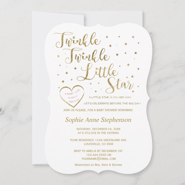 Gold Glitter Twinkle Twinkle Girl Baby Shower Invitation (Front)