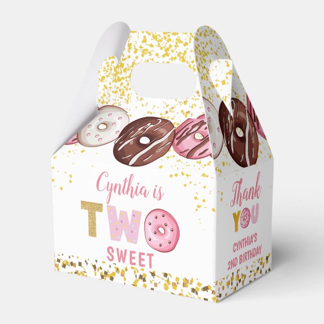 Gold Glitter Two Sweet Doughnut 2nd Birthday Party Favour Box (Front Side)