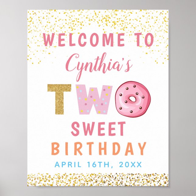 Gold Glitter Two Sweet Doughnut 2nd Birthday Welco Poster (Front)