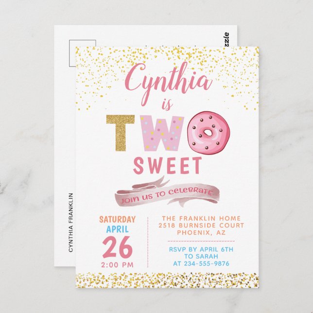 Gold Glitter Two Sweet Doughnuts Girl 2nd Birthday Postcard (Front/Back)