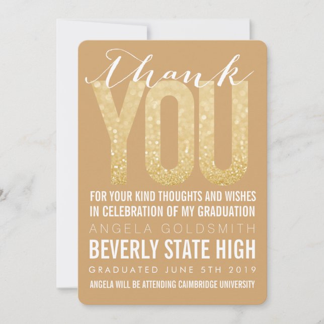 Gold Glitter Typography Graduation Thank You Card (Front)