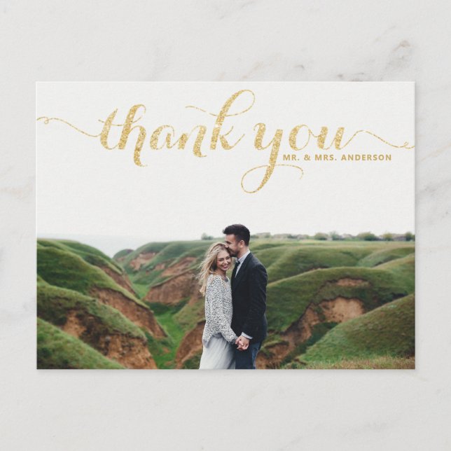 GOLD GLITTER TYPOGRAPHY WEDDING THANK YOU POSTCARD (Front)